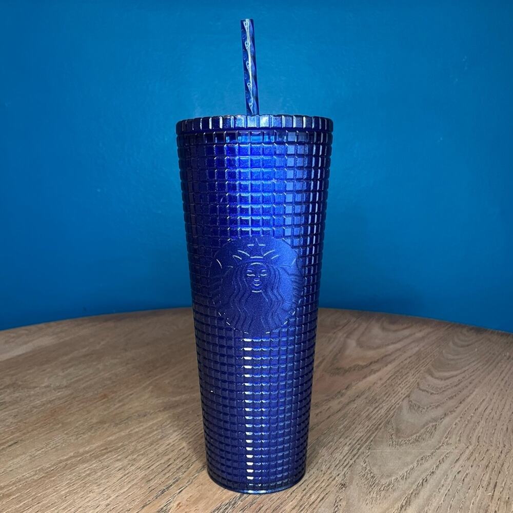 Starbucks Blueberry Glitter Grid Cold Cup Tumbler 24oz Summer 2023 Blue Shimmer